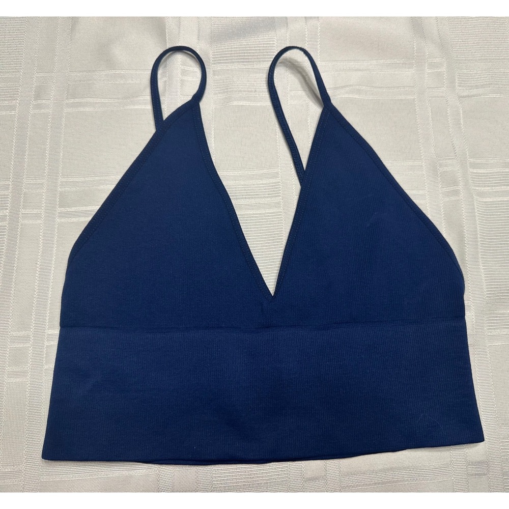 Free People Bralette Women M/L Navy Ali V-Neck Ribbed Seamless Crop Cami Top